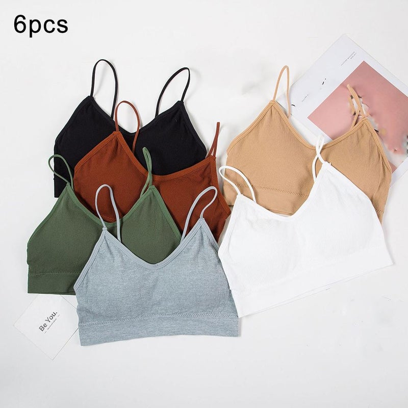 6pcs/1set Seamless Plus Size One-Piece Bandeau Bra with Padded Chest, Beautiful Back Ribbed Strapless Bra with Thin Shoulder Straps, Cross-Border